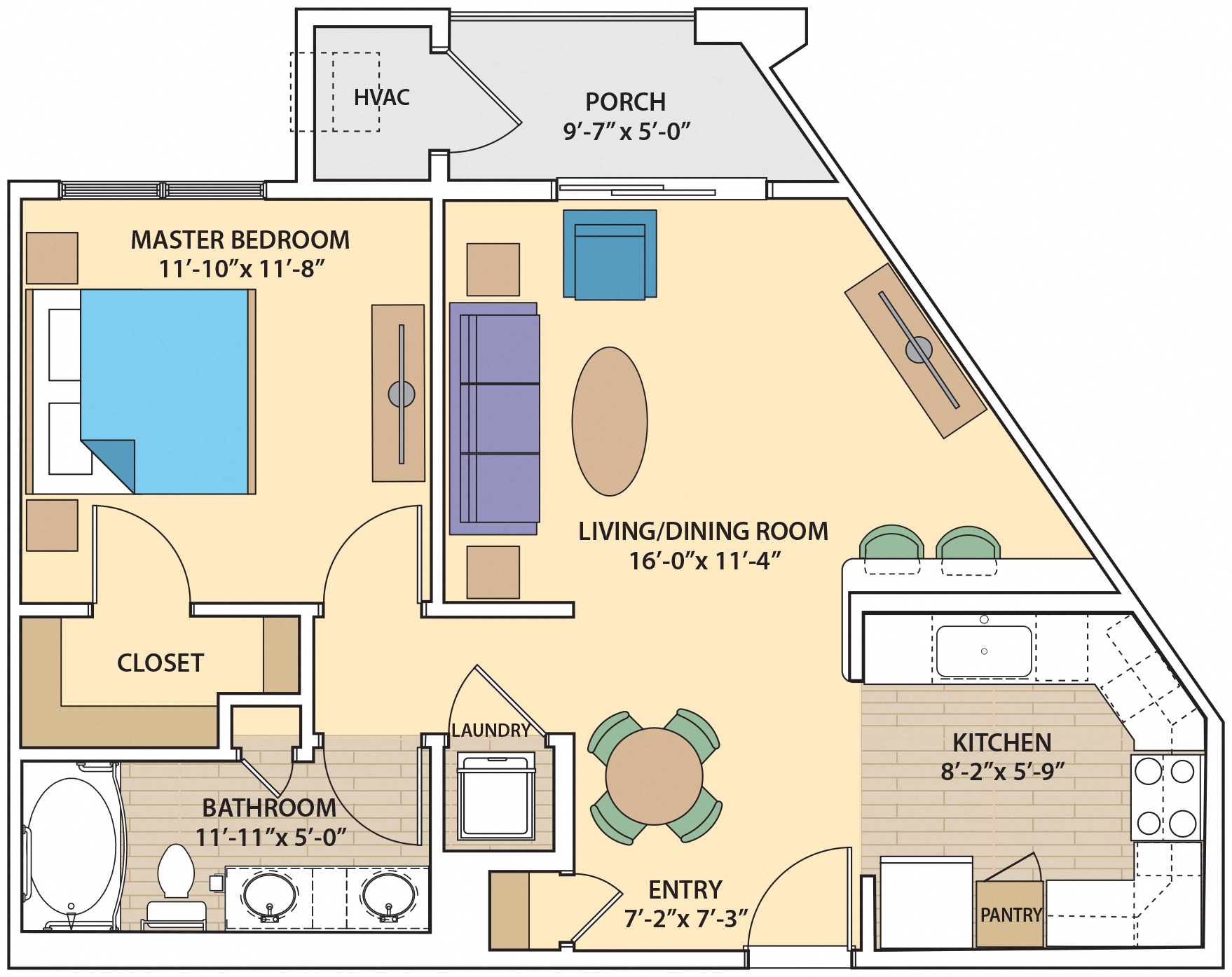 Floor plan for 1 bed, 1 bath, 790 sqft
